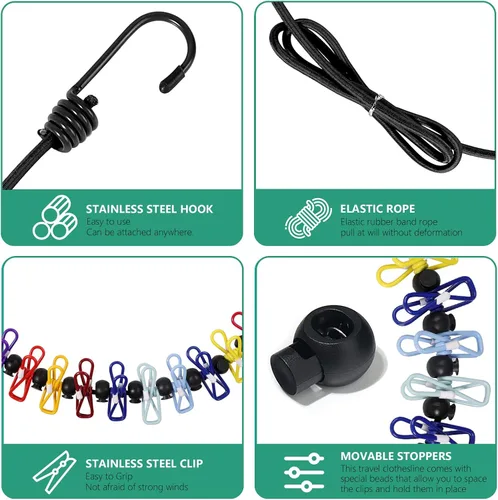 Vista 2 de Tendedero portátil retráctil para viajes, 2 paquetes de tendedero portátil con 8 pinzas para la ropa, 2 paquetes de toallas comprimidas desechables