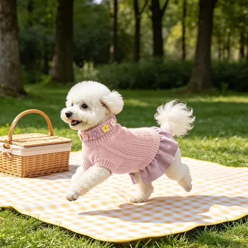 Vista 5 de WOYYHO Vestido de suéter para perro pequeño con corbatín, ropa de perro de Rosa polvoriento