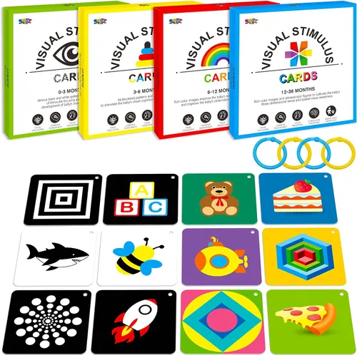 Vista 8 de 50 páginas de tarjetas de estimulación visual, 25 tarjetas de estímulo visual para bebés en blanco y negro, juego de tarjetas de desarrollo