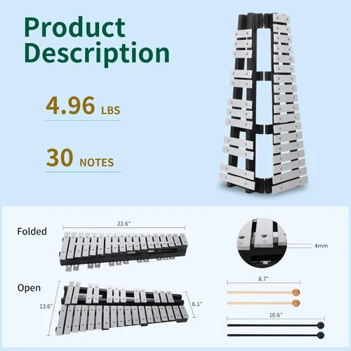 Vista 2 de Heuyrao Xilófono Glockenspiel plegable de 30 notas Negro & blanco
