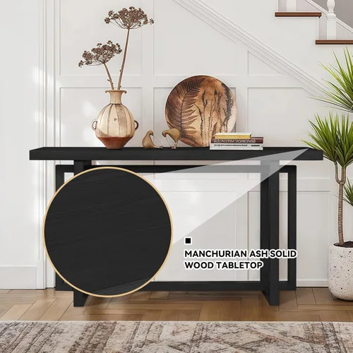 Vista 3 de Mesa de sofá de 59.05 pulgadas para sala de estar, mesa consola Morden, mesa rectangular estrecha de madera maciza con patas de madera de goma
