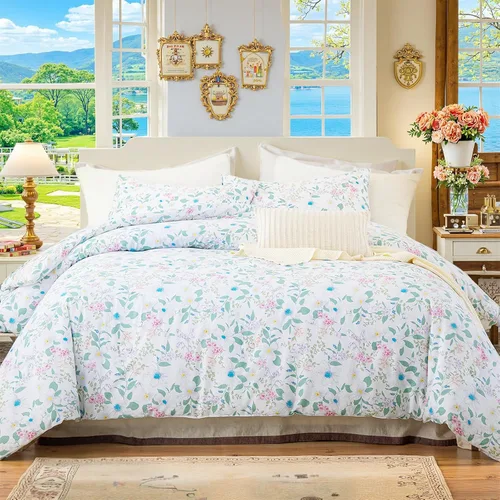 Vista 31 de Juego de edredón floral azul tamaño Queen, juego de ropa de cama botánica azul 100% algodón, edredón suave transpirable de 3 piezas y 2 fundas