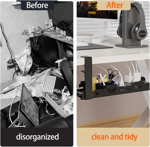 Vista 8 de BYMECOST Bandeja de gestión de cables doble sin taladrar debajo del escritorio, extensible de acero resistente para debajo del escritorio, bandeja
