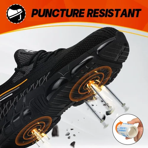 Vista 3 de BAIYIJIA Zapatos de punta de acero para hombre, zapatos de trabajo antideslizantes para construcción con amortiguación de aire, zapatos
