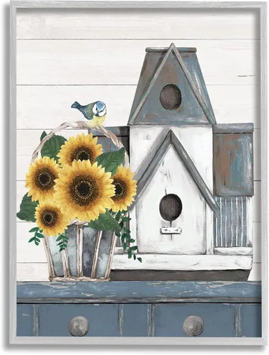 Vista 10 de Stupell Industries Country Counter Birdhouse - Arte de pared con marco blanco tradicional de girasol, naturaleza muerta, 11 x 14, gris Stupell