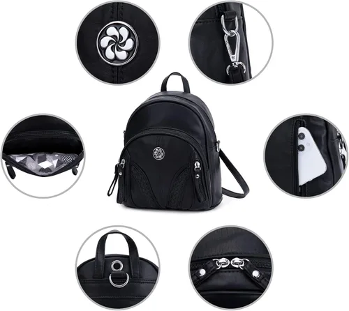 Vista 5 de AngelKiss - Mini mochila para mujeres y niñas antirrobo de cuero suave casual bolsa de hombro a la moda para mujer Negro Black-1 S Viajar