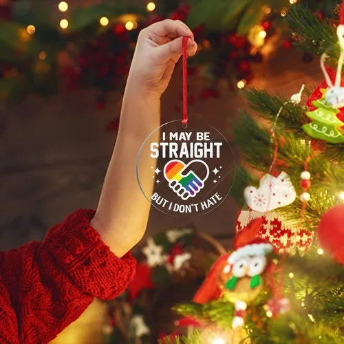 Vista 2 de Adorno acrílico de Navidad con texto en inglés "I May Be Straight But I Don't Hate LGBT, decoración de árbol de Navidad, adorno gay para árbol