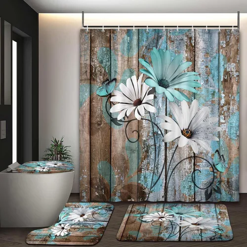 Vista 58 de JAWO Alfombra de baño con flores de granja, dalia en tablones de madera rústica, juego de tapetes de baño con flores azules, en forma de U