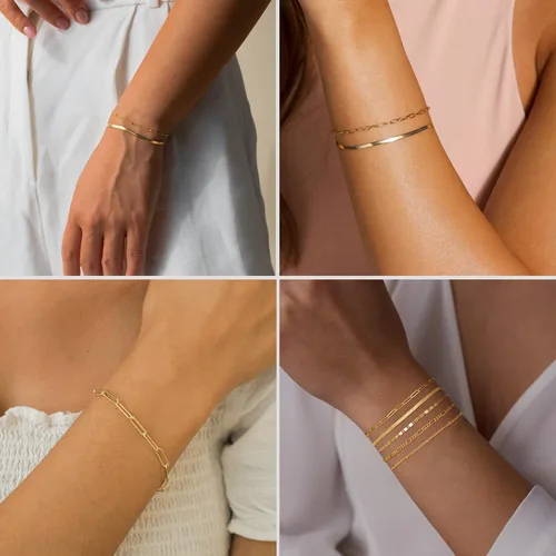 Vista 4 de MBW Pulseras de oro para mujer, juego de joyas chapadas en oro real de 14 quilates para mujer, a la moda, impermeables, apilables, delgadas