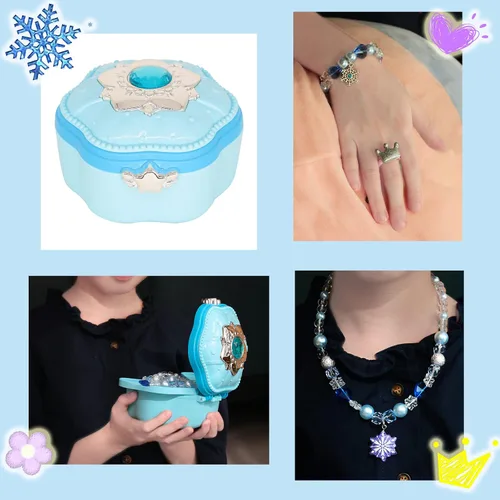 Vista 5 de Joyero musical para niños y niñas, conjunto de joyas de princesa, collar, pulsera, anillo de princesa, conjunto de regalo, azul