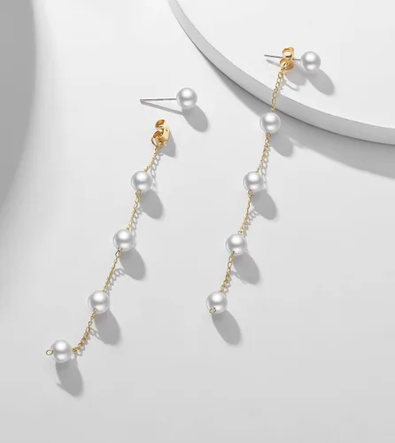 Vista 6 de LOKLIFFAI Aretes de plata de ley 925 con forma de bola de perlas y cadena larga para mujeres y niñas