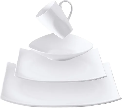 Vista 4 de Bone China - Juego de vajilla cuadrada de 16 piezas, color blanco Cuadrado blanco