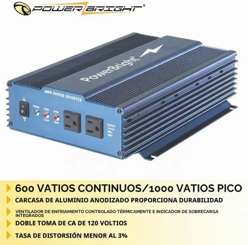 Vista 3 de PowerBright Inversor de corriente de onda sinusoidal pura de 600 vatios, inversor de coche de 12 V CC a 120 V CA con salidas dobles de CA de 120