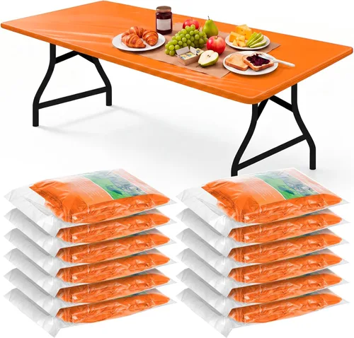 Vista 18 de Boao 12 piezas de manteles de plástico desechables para mesas con borde elástico ajustable, manteles rectangulares impermeables para mesas de Azul