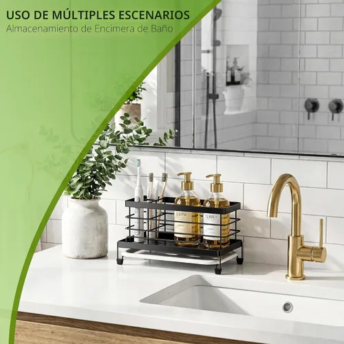Vista 7 de Cisily Soporte Grande de Esponja Negra para Cocina, Caddy de Fregadero Estante Organizador de Fregadero para Accesorios de Cocina con Bandeja