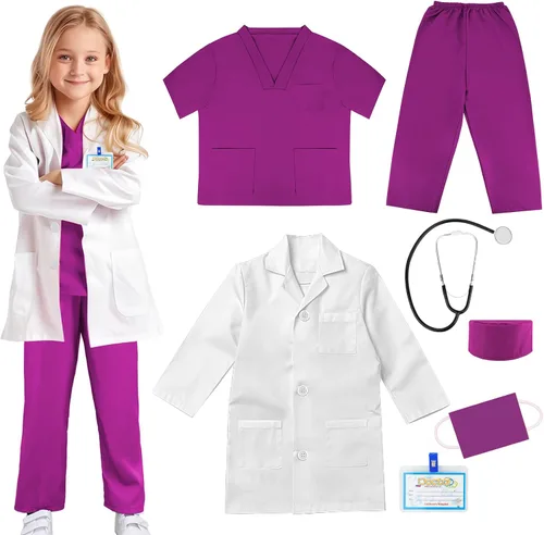 Vista 9 de Doctor Scrubs Costume for Kids With Stethoscope Lab Coat Career Day Costume Doctor Dress Up For Boys Girls 3-12