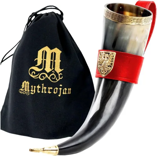 Vista 23 de Mythrojan Cuerno vikingo para beber 100% natural, auténtico, decoración de latón, cuerno nórdico con funda de cuero negro, bolsa de lona para vino