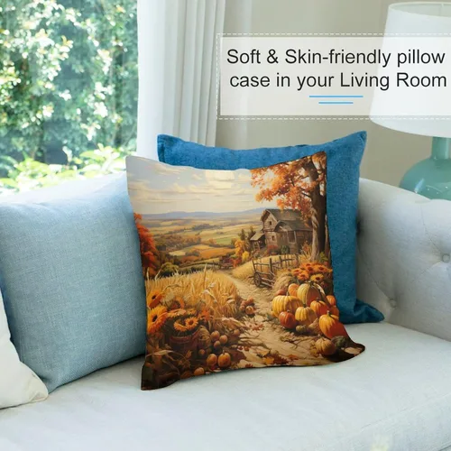 Vista 8 de Fundas de almohada decorativas cuadradas de terciopelo con diseño de paisaje, campo, otoño, otoño, 12 x 12 pulgadas, para Acción de Gracias