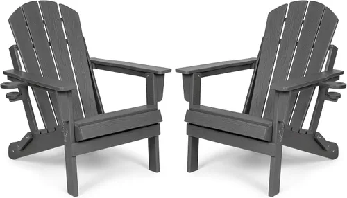 Vista 19 de Silla Adirondack plegable de HDPE, silla de patio al aire libre con soporte para tazas, silla de césped de grano de madera resistente a