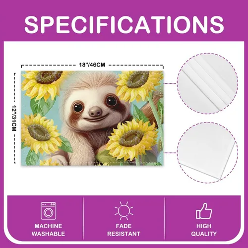 Vista 4 de Juego de 4 manteles individuales con diseño de perezoso y girasol, flores amarillas y plantas naturales, lavables, 12 x 18 pulgadas para decoración