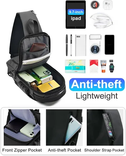 Vista 3 de Sling Bag for Men Anti-Theft USB Crossbody Backpack Waterproof Chest Daypack
