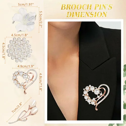 Vista 2 de Yadiana Brooches and Pins for Women, 4 Pcs Simulated Pearl Rhinestone Crystal Brooch Pins Stylish Women's Flower Brooches Pins Bulk, Elegant