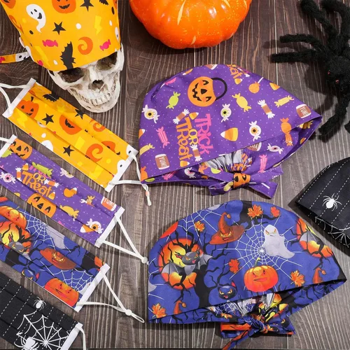 Vista 4 de Xtinmee Juego de 8 piezas de gorro de trabajo ajustable y máscara facial para enfermera, 4 sombreros bouffant con botón, 4 fantasmas, calabaza