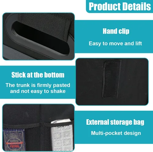 Vista 3 de Organizador de maletero de coche, caja de almacenamiento auto plegable de múltiples compartimentos con 4 bolsillos, contenedor de maletero de coche
