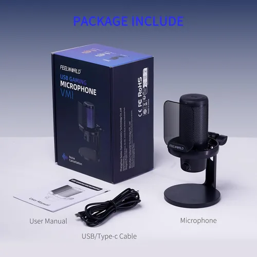 Vista 7 de FEELWORLD VM1 Micrófono USB para PC de juegos Micrófono condensador con cancelación de ruido, luz RGB silenciosa, accesorios para computadora