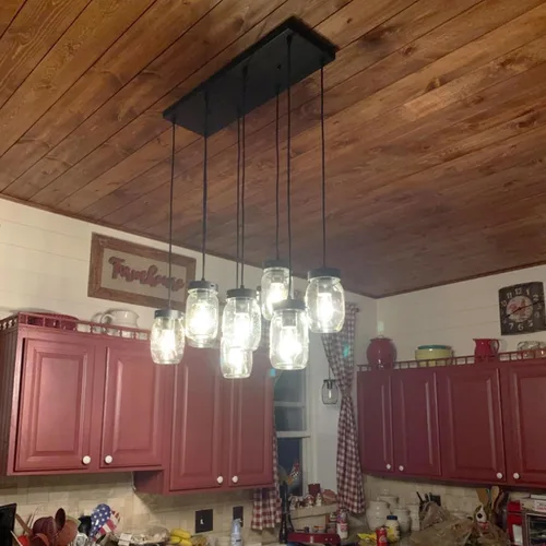 Vista 9 de Wellmet Candelabro de tarro Mason de 8 luces para comedor, rústico de granja lineal para sala de estar, iluminación de isla de cocina, acabado negro