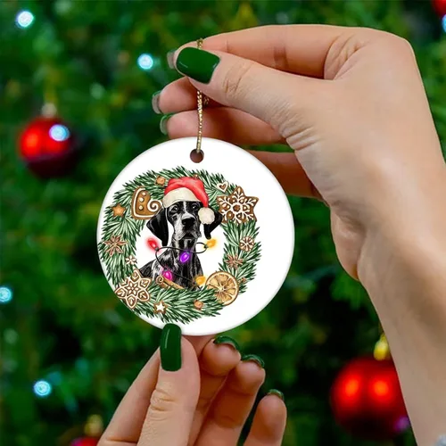 Vista 4 de Cheyan Divertida corona de perro y flores, adorno de porcelana de Navidad, decoración del hogar, colgantes de Navidad, amantes de los perros, adorno