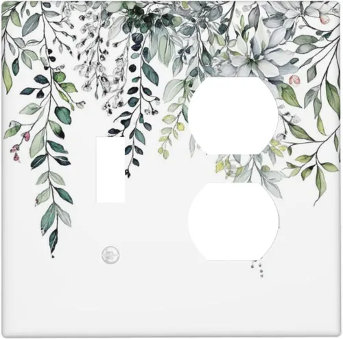 Vista 61 de Cubierta de tomacorriente eléctrico dúplex individual estilo campestre con diseño floral de flores y pájaros en blanco y negro, placa de pared de 1