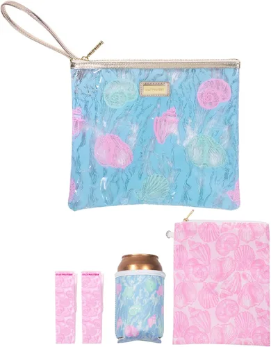 Vista 18 de Lilly Pulitzer Funda de vinilo resistente al agua para la playa, bolsa con cremallera incluye protector de bebidas, funda pequeña y clips para toalla