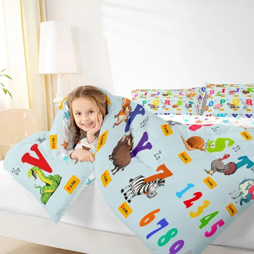 Vista 7 de jejeloiu Juego de edredón educativo para niños, tamaño matrimonial, juego de ropa de cama con números del alfabeto ABC para niños y niñas pequeños