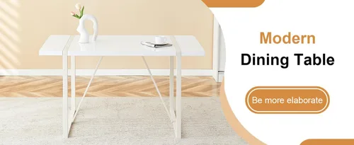 Vista 9 de Mesa de comedor rectangular industrial estilo crema para 4 6 personas con parte superior de 1.5 pulgadas de grosor y patas de metal blanco e