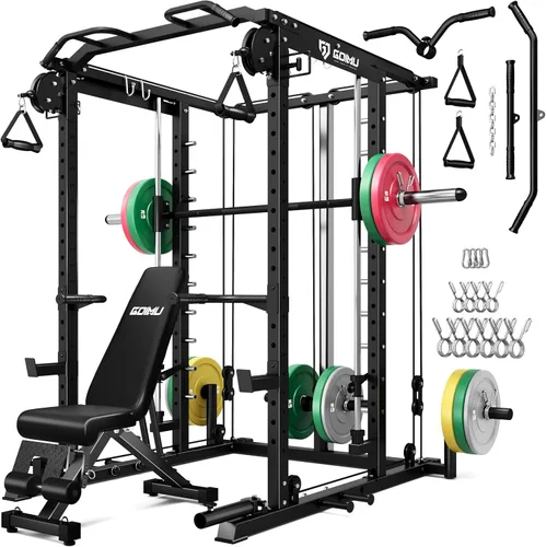 Vista 22 de Máquina S1-V4 Smith, jaula de potencia de 2000 libras con sistema de cruce de cables, estante de sentadillas todo en uno con barra Smith