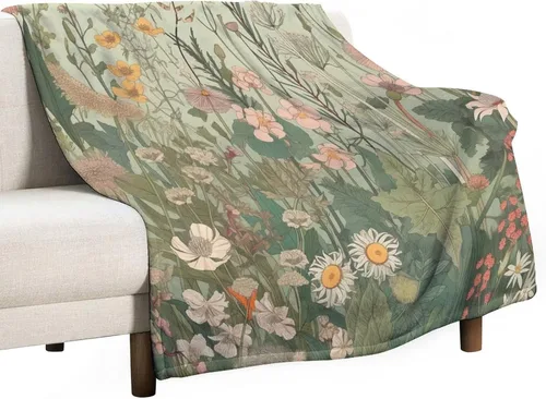 Vista 10 de Manta de vellón de hierbas y flores silvestres con plantas botánicas para primavera y verano, con margaritas y hojas florales, manta de franela