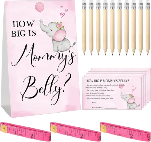 Vista 14 de Sabary 64 Piezas Juegos de Baby Shower Incluyen Letrero How Big is Mommy's Belly Sign Measure Bump Game 50 Tarjetas 10 Lápices 3 Cintas Métricas