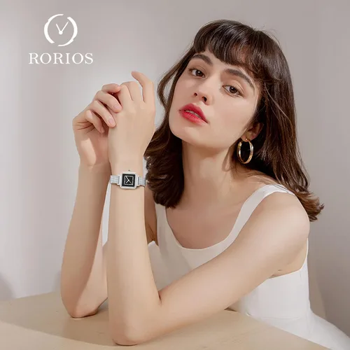 Vista 2 de RORIOS Relojes analógicos de cuarzo para mujer, con correa de cuero, esfera cuadrada, relojes de pulsera impermeables para mujer