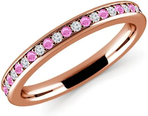 Vista 3 de Anillo de boda alternativo de zafiro rosa y diamante blanco para mujer, acabado de oro de 14 quilates, anillo de aniversario de media eternidad
