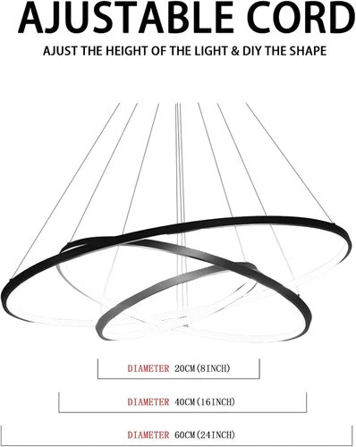 Vista 3 de LightInTheBox Lámpara colgante de 3 anillos para sala de estar, comedor, luz de techo moderna, diseño de círculo, 20+40+23.6 in, color = negro