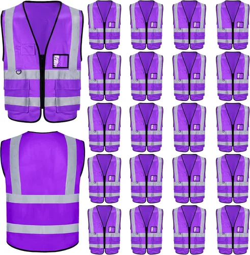 Vista 7 de EBOOT Chaleco reflectante de alta visibilidad, 20 piezas, chaleco de seguridad neón brillante con bolsillos, tiras reflectantes (verde fluorescente)