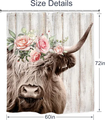 Vista 5 de Highland Cow Farmhouse - Cortina de ducha rústica con diseño de toro, 60 pulgadas de ancho x 72 pulgadas de largo Country Western - Juego