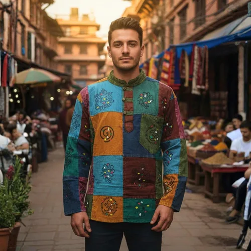 Vista 3 de Shopoholic Fashion Mens Boho Patchwork Cotton Long Sleeves Stonewashed Mandarin Collar Hippie Summer Festivals Shirt