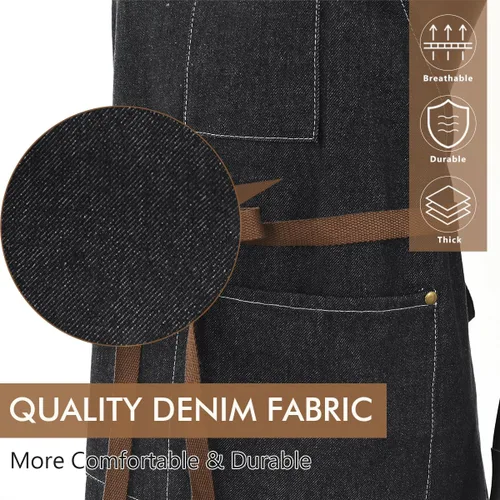 Vista 4 de ROTANET Delantal de trabajo de mezclilla con 3 bolsillos, delantales para chef, estilista, cocina, carpintería, para hombres y mujeres, azul y negro