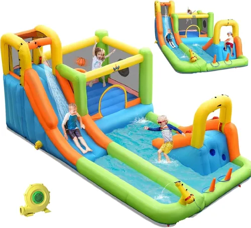 Vista 15 de BOUNTECH Tobogán acuático inflable, 7 en 1 doble tobogán para niños, parque acuático para niños, toboganes de agua inflables para exteriores