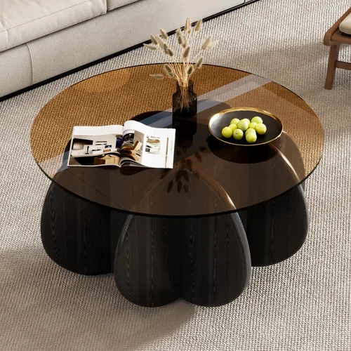 Vista 4 de Mesa de centro redonda de 31.5 pulgadas con parte superior de vidrio templado, mesa de cóctel moderna de mediados de siglo con base inspirada