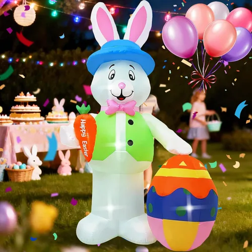 Vista 10 de [Usado] Conejo de 5 pies con una cesta de flores, decoración inflable de Pascua para patio, conejo de Pascua inflable con cesta iluminada