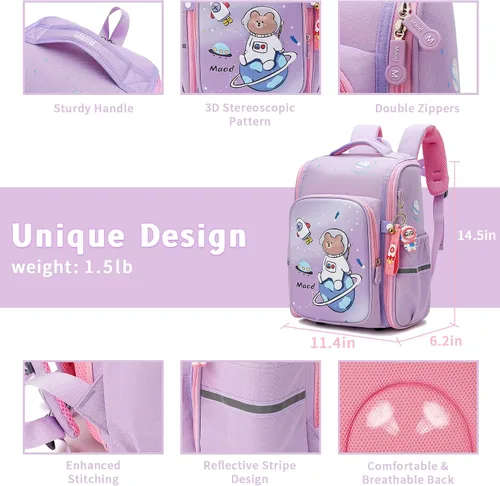 Vista 2 de Maod Mochilas para niñas y niños, mochila escolar para niña con hombros acolchados y un colgante gratis, Púrpura, Mochila infantil para niñas