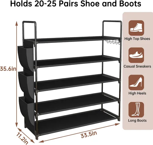 Vista 3 de Zapatero independiente de 5 niveles, organizador de zapatos que ahorra espacio con bolsillos laterales y ganchos de metal, zapatero ajustable
